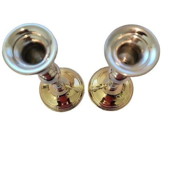 Candlestick Pair Weighted Two-tone Silver Brass Web Pewter Formal Evening - Picture 7 of 10